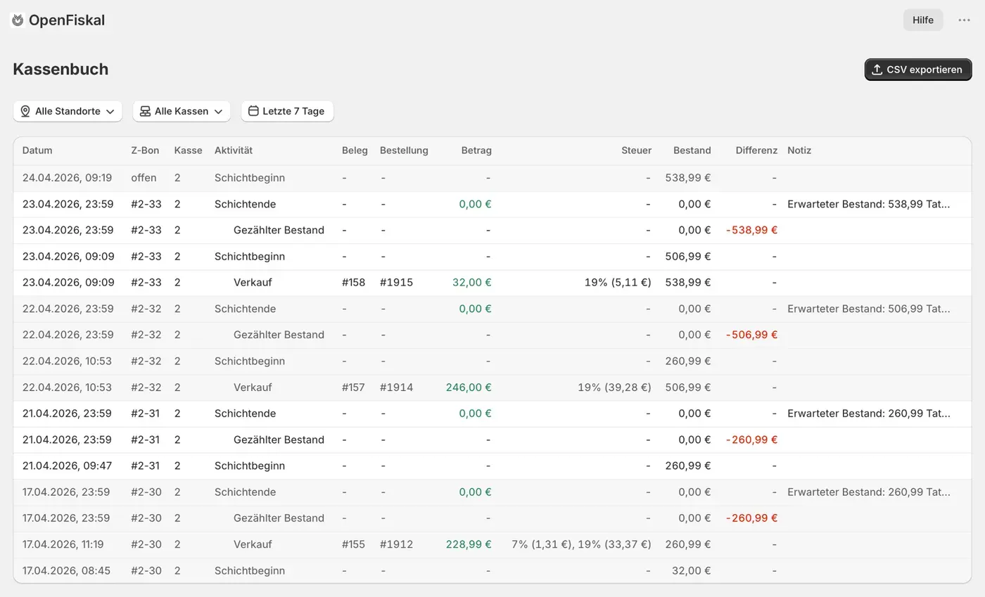 OpenFiskal cash book with deposits, payouts and daily balances