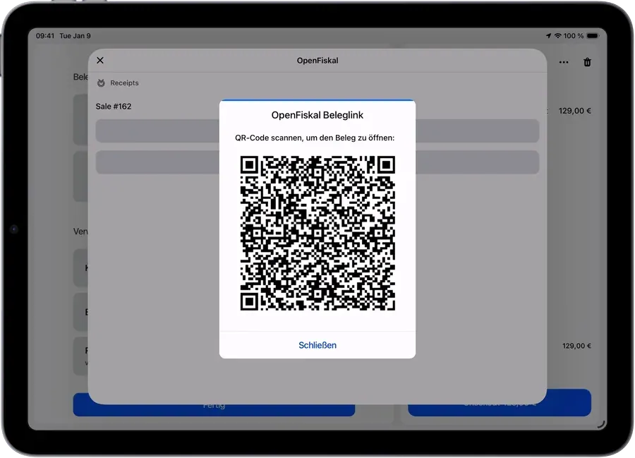 Shopify POS on iPad showing an OpenFiskal receipt with a QR code